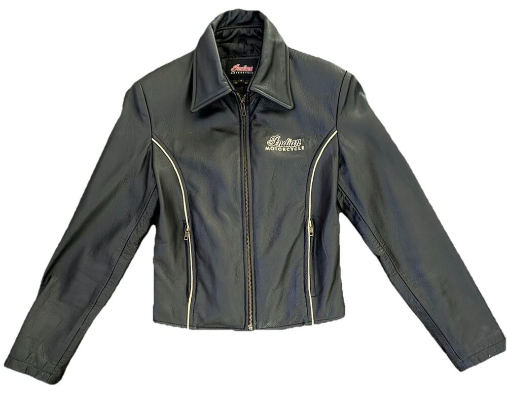 Indian Motorcycle Black 100% Leather With Beige Piping Biker Jacket Women’s Sz S